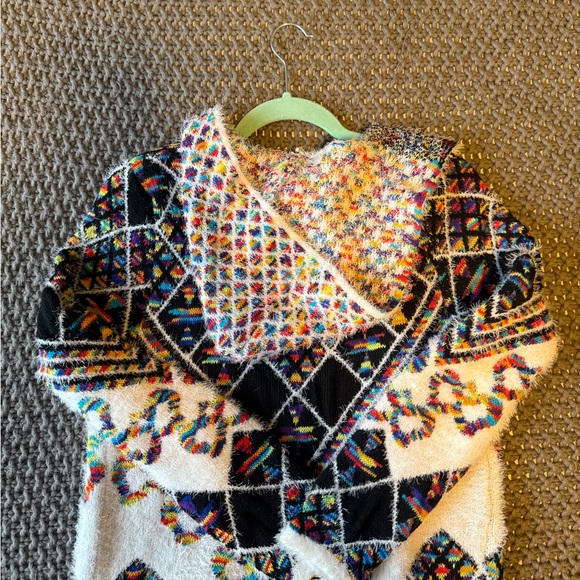 Anthropologie On Blue Hooded Duster Cardigan Colorful Diamond Pattern Knit - Picture 6 of 9